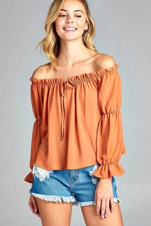 Women's Puff Long Sleeve Ruffled Front Tie Off Shoulder Top SmallApricot Tops & Blouses 39.99 EZYSELLA SHOP