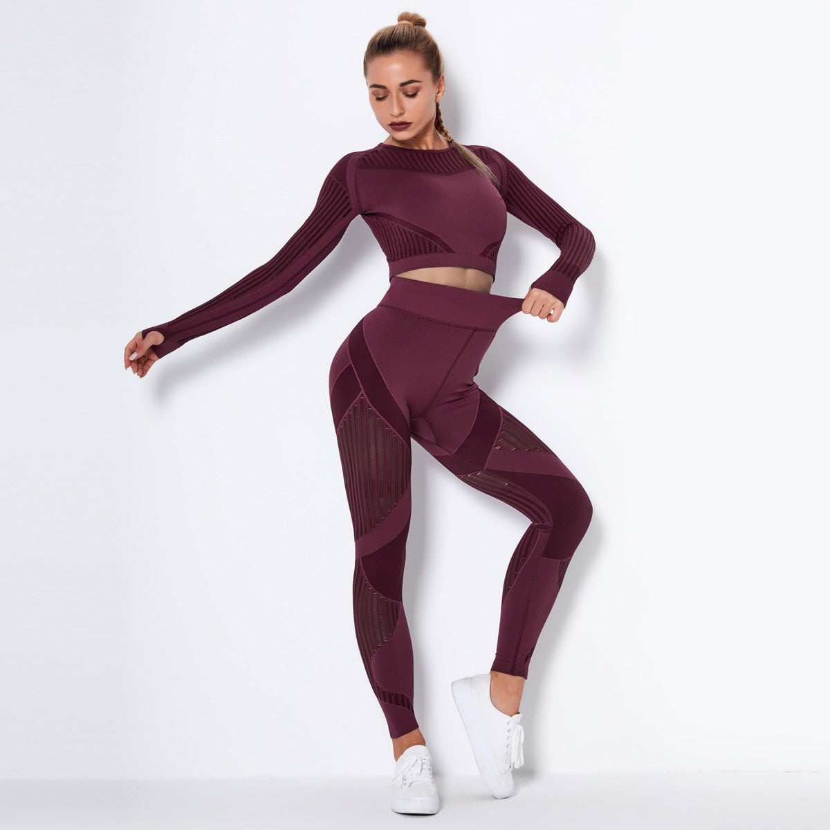 Workout Sets For Women 2 Piece Seamless Yoga Outfit Tracksuit High Waisted Yoga Leggings And Crop Top Gym Clothes Set wineredL  109.99 EZYSELLA SHOP