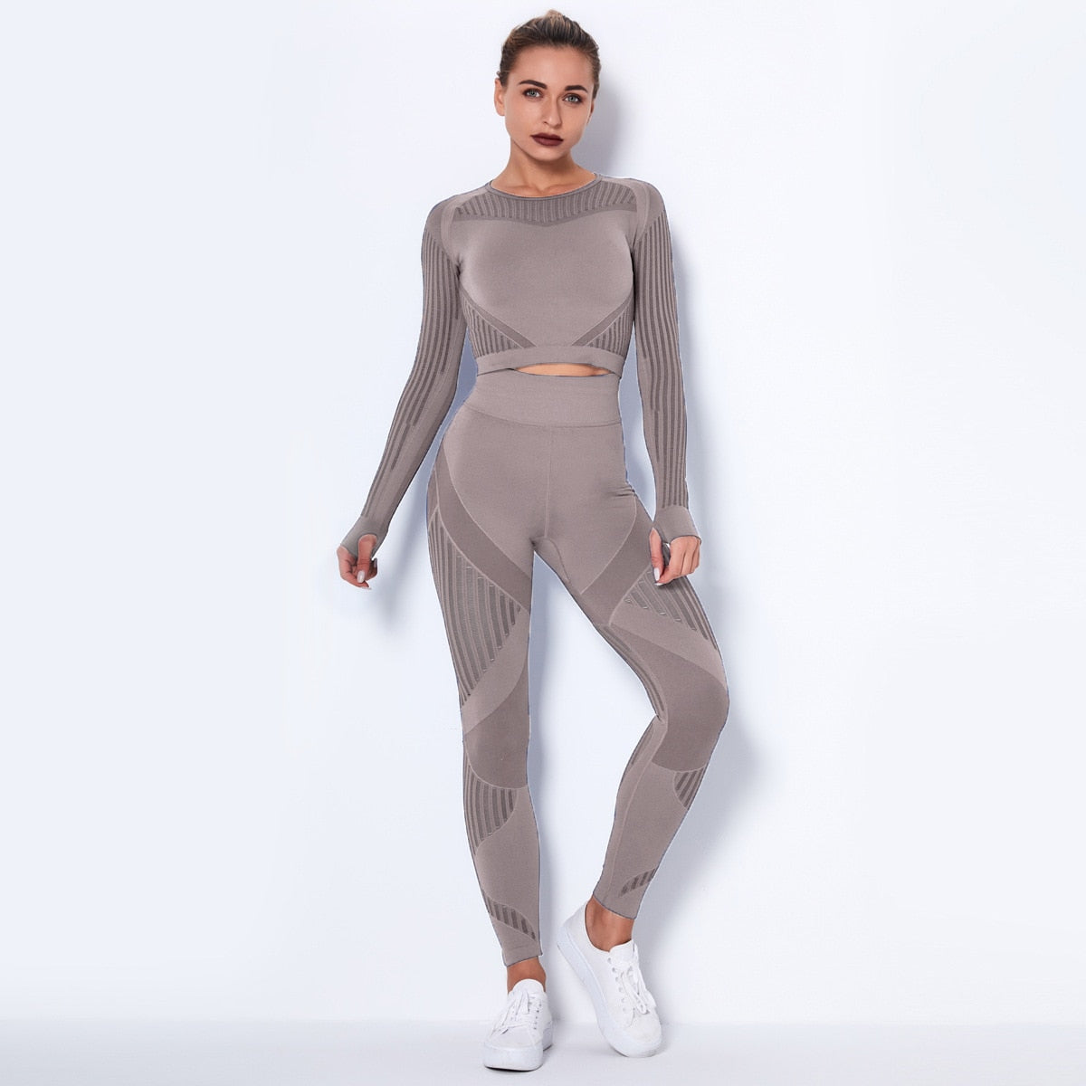 Workout Sets For Women 2 Piece Seamless Yoga Outfit Tracksuit High Waisted Yoga Leggings And Crop Top Gym Clothes Set brownL  109.99 EZYSELLA SHOP