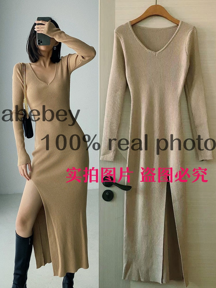 spring and winter sexy French slit sweater dress female slim tight-fitting hip-knit over-the-knee dresses khakidressM  70.99 EZYSELLA SHOP