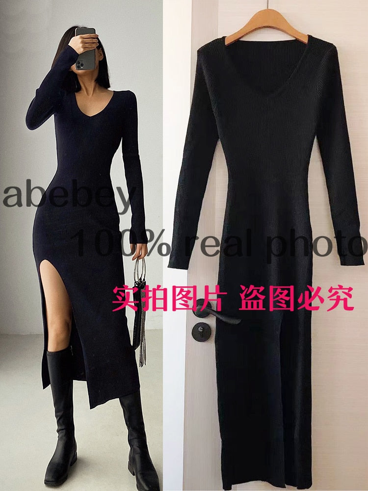 spring and winter sexy French slit sweater dress female slim tight-fitting hip-knit over-the-knee dresses blackdressM  70.99 EZYSELLA SHOP