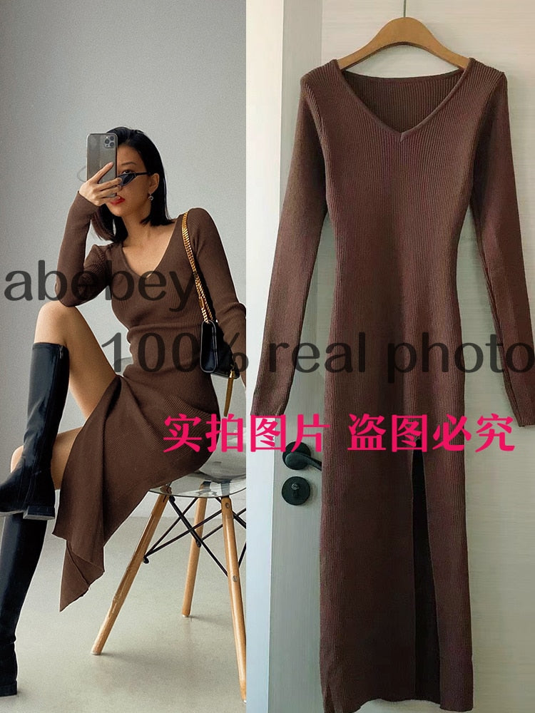 spring and winter sexy French slit sweater dress female slim tight-fitting hip-knit over-the-knee dresses coffeedressM  70.99 EZYSELLA SHOP