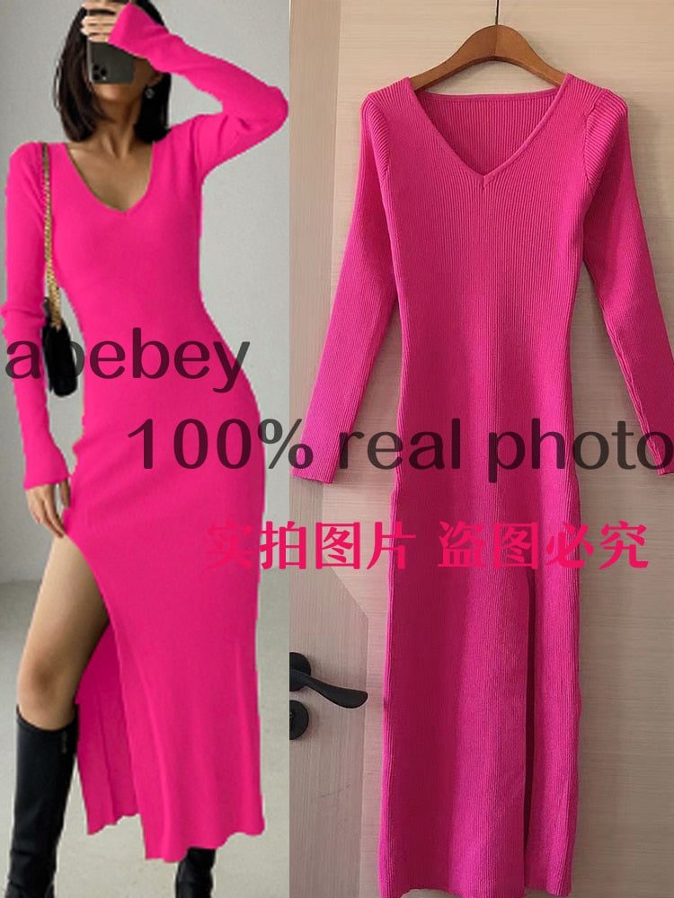 spring and winter sexy French slit sweater dress female slim tight-fitting hip-knit over-the-knee dresses RoseRedM  70.99 EZYSELLA SHOP