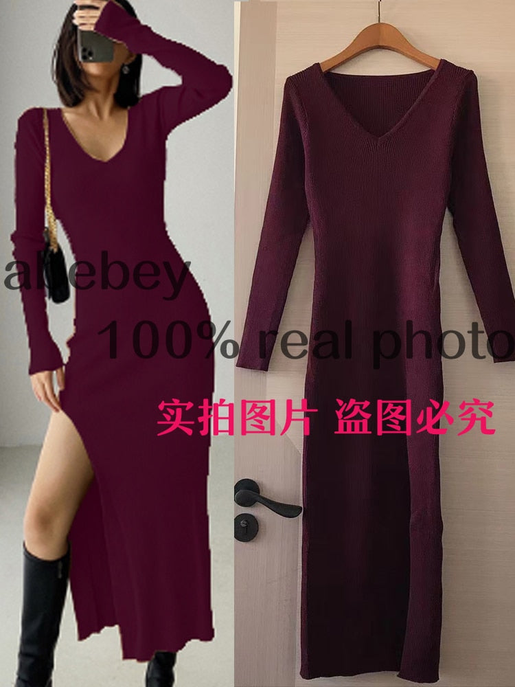 spring and winter sexy French slit sweater dress female slim tight-fitting hip-knit over-the-knee dresses ClaretM  70.99 EZYSELLA SHOP