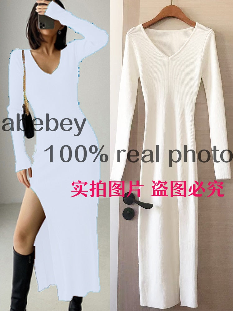 spring and winter sexy French slit sweater dress female slim tight-fitting hip-knit over-the-knee dresses WhiteM  70.99 EZYSELLA SHOP