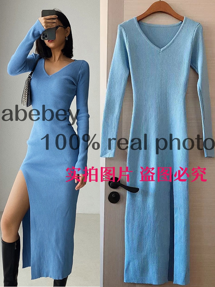 spring and winter sexy French slit sweater dress female slim tight-fitting hip-knit over-the-knee dresses bluedressM  70.99 EZYSELLA SHOP