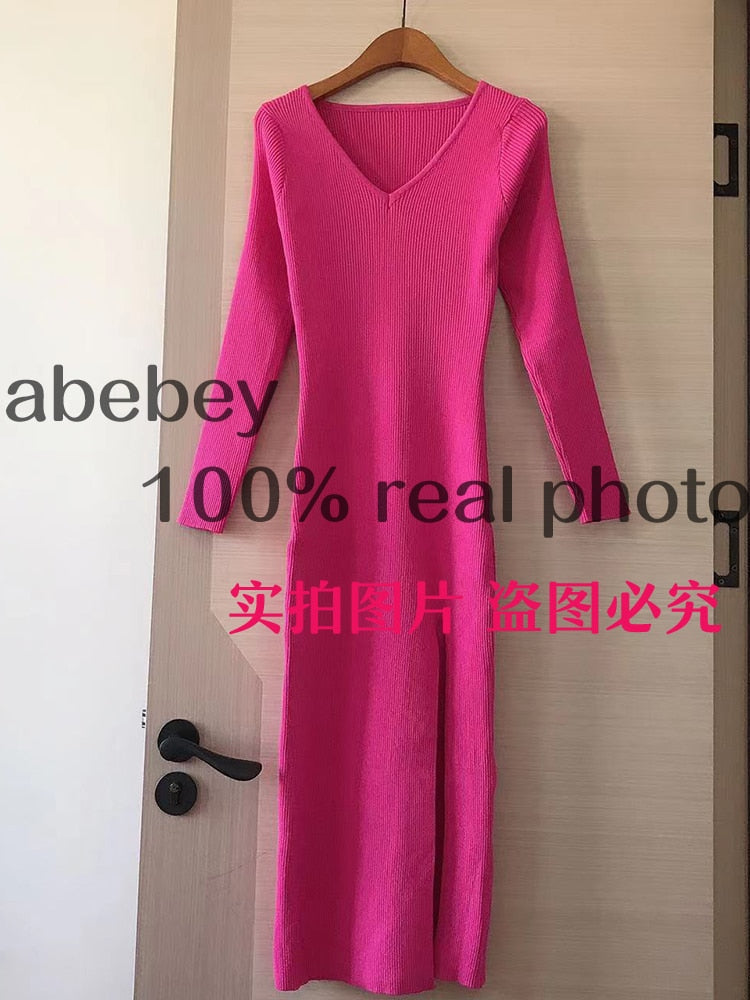 spring and winter sexy French slit sweater dress female slim tight-fitting hip-knit over-the-knee dresses   70.99 EZYSELLA SHOP