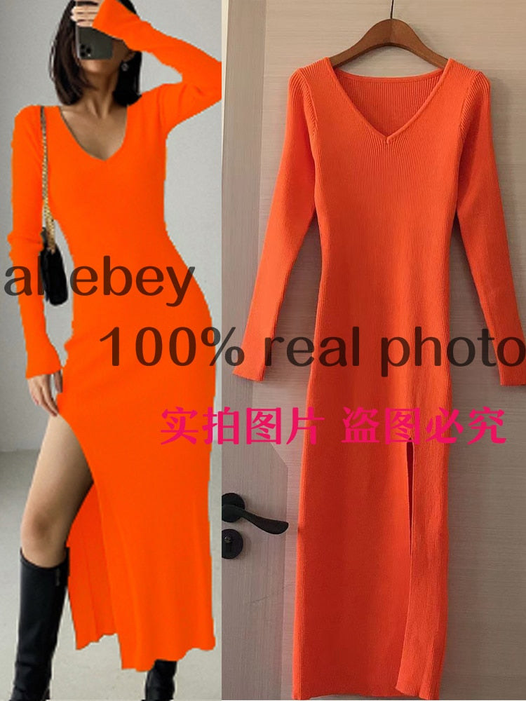 spring and winter sexy French slit sweater dress female slim tight-fitting hip-knit over-the-knee dresses OrangeRedM  70.99 EZYSELLA SHOP