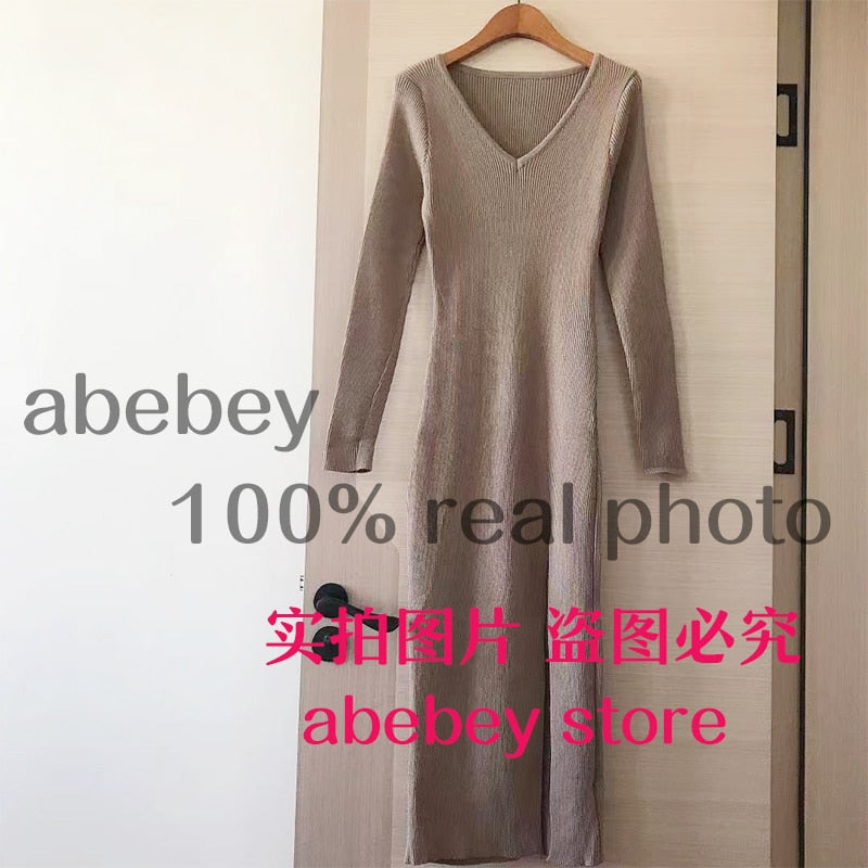 spring and winter sexy French slit sweater dress female slim tight-fitting hip-knit over-the-knee dresses   70.99 EZYSELLA SHOP