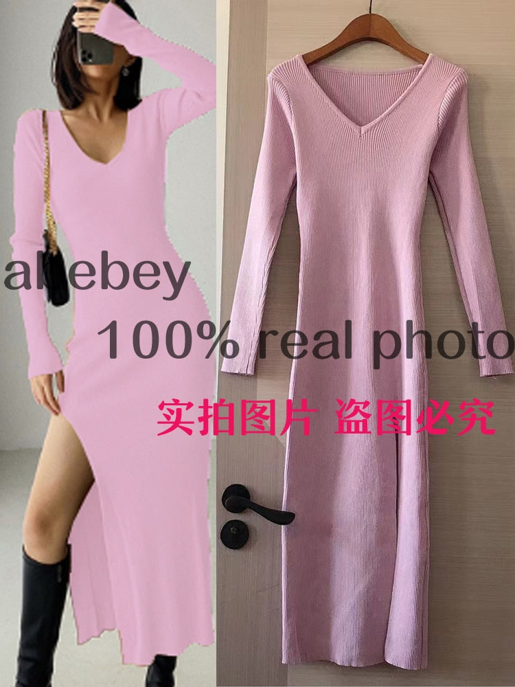 spring and winter sexy French slit sweater dress female slim tight-fitting hip-knit over-the-knee dresses PurpleM  70.99 EZYSELLA SHOP