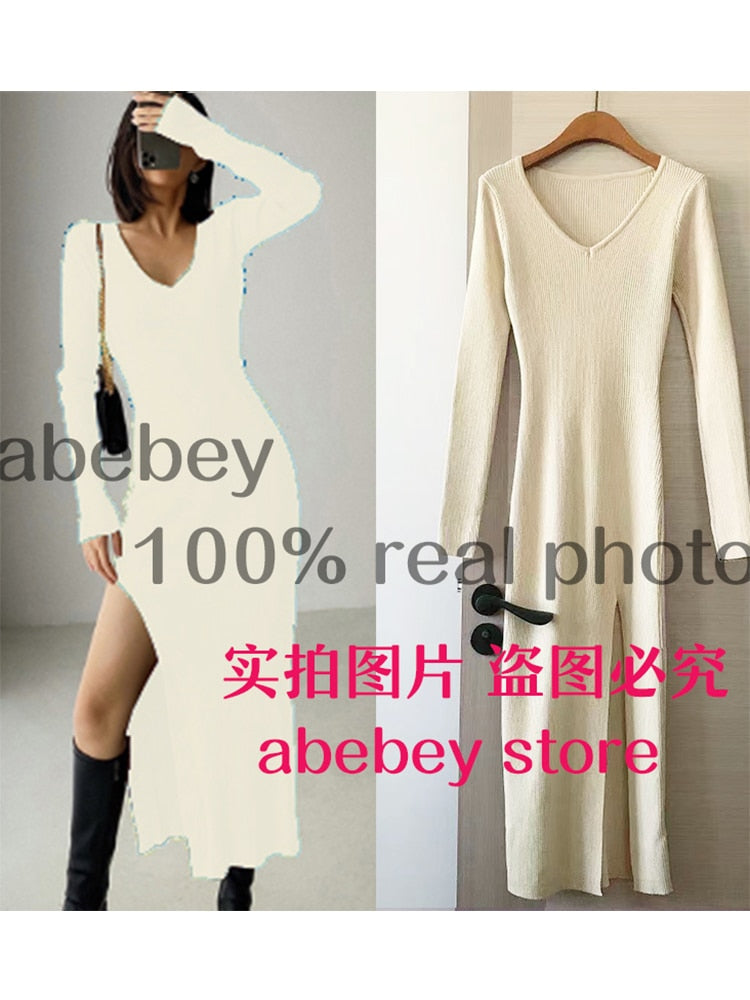 spring and winter sexy French slit sweater dress female slim tight-fitting hip-knit over-the-knee dresses mihuangseM  70.99 EZYSELLA SHOP